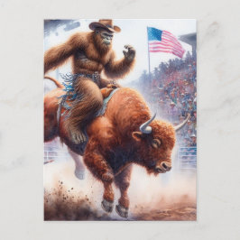 Sasquatch rijdt op een rodeo-stier fantasiekunst briefkaart