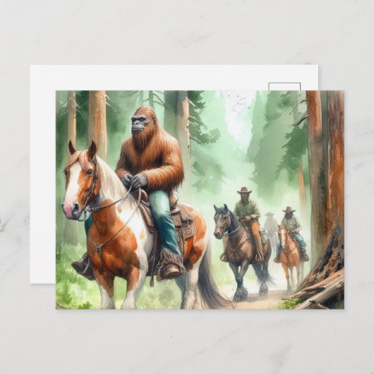 Sasquatch rijdt op een verfpaard op een trailride briefkaart (Voorkant / Achterkant)