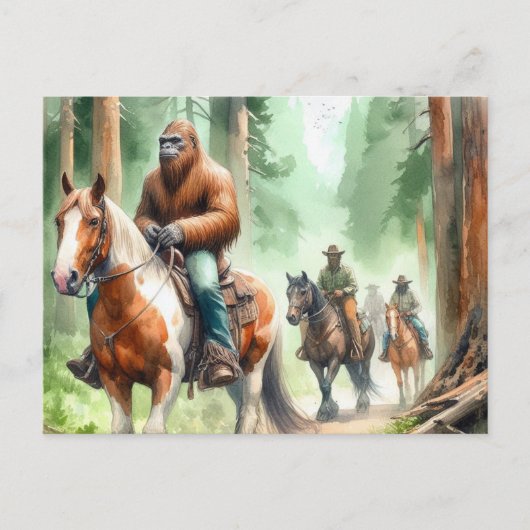 Sasquatch rijdt op een verfpaard op een trailride briefkaart (Voorkant)