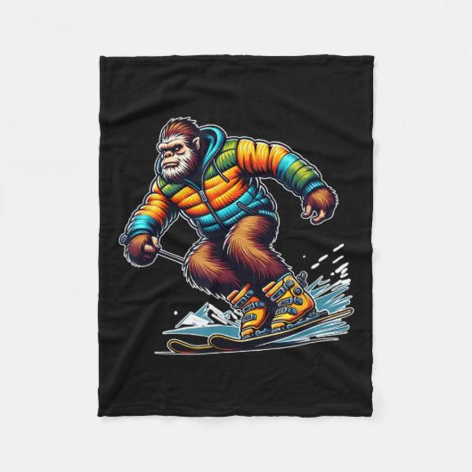 Sasquatch Ski Avontuur Bigfoot Winterpret Fleece Deken (Voorkant)