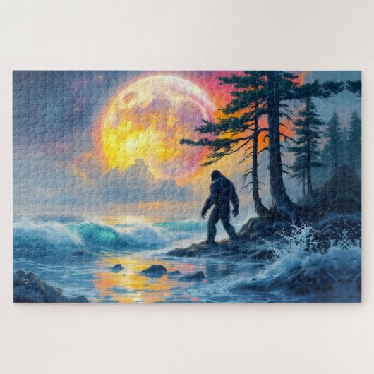 Sasquatch staand op een oceaanstrand legpuzzel (Horizontaal)