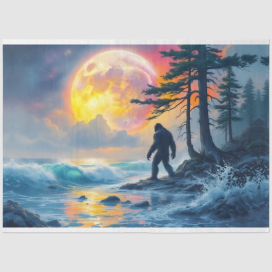 Sasquatch staand op een oceaanstrand tissuepapier (Voorkant)