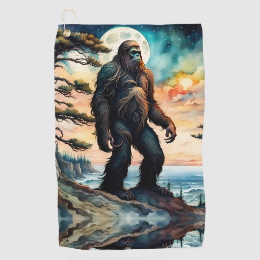 Sasquatch Staand op Ridge met uitzicht op de oceaa Golfhanddoek (Voorkant)