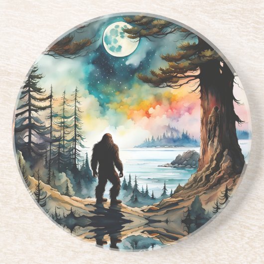 Sasquatch Staand op Ridge met uitzicht op de oceaa Zandsteen Onderzetter (Voorkant)