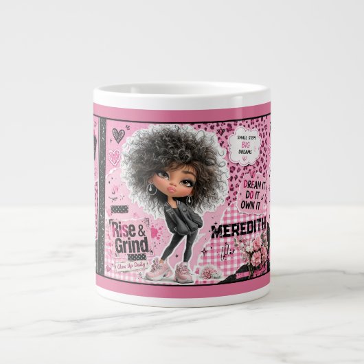 Sassige mok met roze pop ontwerp en eigen naam (Voorkant)