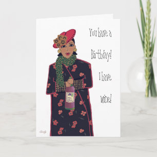 Sassy African American lady wine, Birthday C Kaart