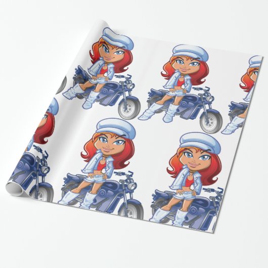 Sassy Biker Meisje met rood haar en motorfiets Cadeaupapier (Uitgerold)