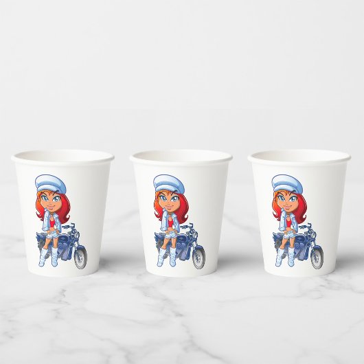 Sassy Biker Meisje met rood haar en motorfiets Papieren Bekers