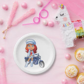 Sassy Biker Meisje met rood haar en motorfiets Papieren Bordje (Feest)