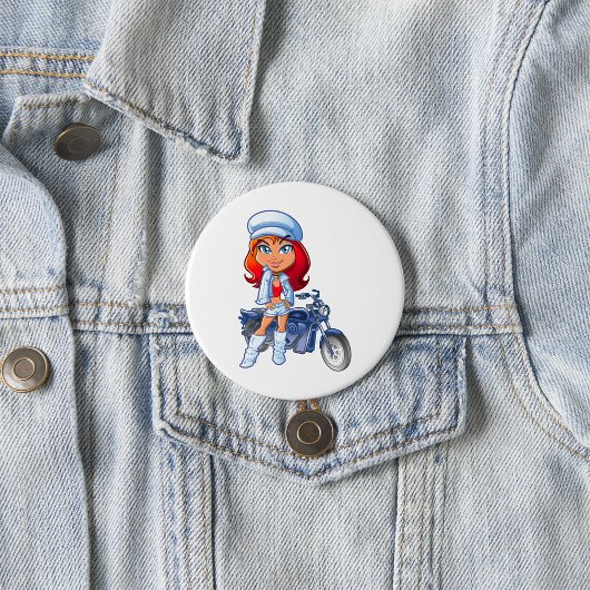 Sassy Biker Meisje met rood haar en motorfiets Ronde Button 7,6 Cm