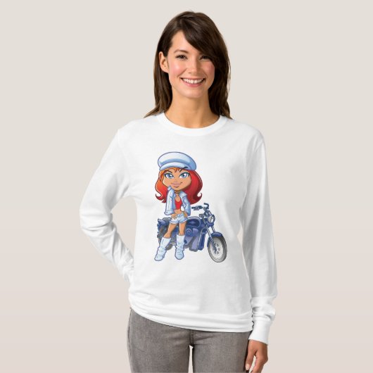 Sassy Biker Meisje met rood haar en motorfiets T-shirt (Voorkant volledig)