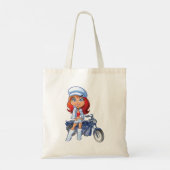 Sassy Biker Meisje met rood haar en motorfiets Tote Bag (Achterkant)