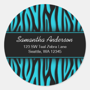 Sassy Blauwgroen Blauw Zebra Aangepast adreslabel Ronde Sticker