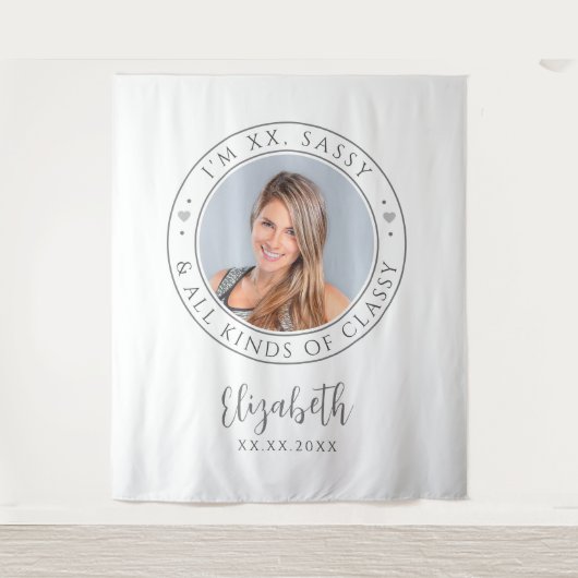 Sassy & Classy Verjaardagsfeestje Foto Witte Achte Wandkleed (Voorkant)