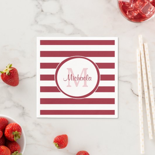 Sassy Deep Red Even Stripes met naam en monogram Servetten (Insitu)