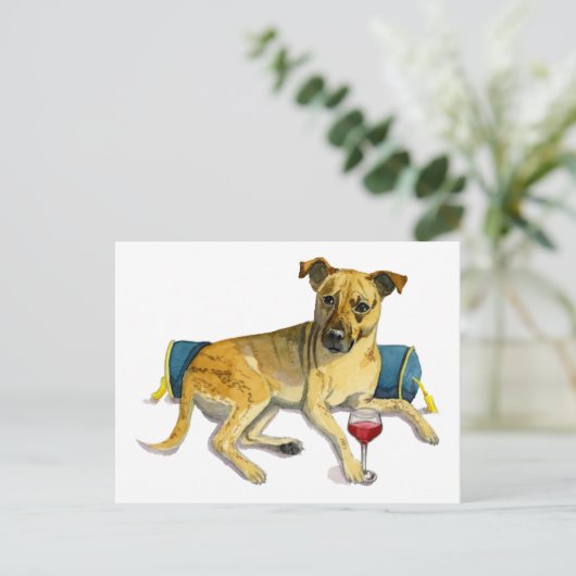 Sassy Dog Enjoing Wine Waterverf Painting Briefkaart (Staand voorkant)