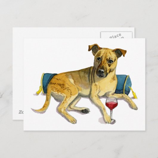 Sassy Dog Enjoing Wine Waterverf Painting Briefkaart (Voorkant / Achterkant)