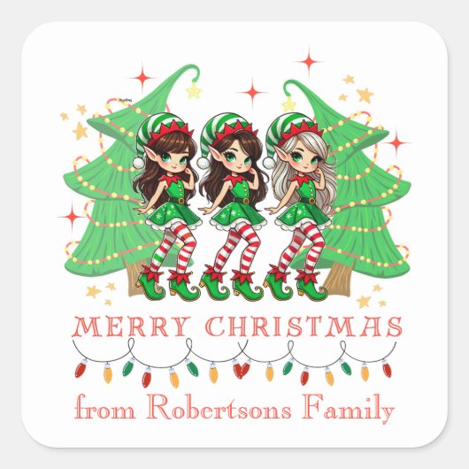 Sassy Elves dansen rond de kerstboom Vierkante Sticker (Voorkant)