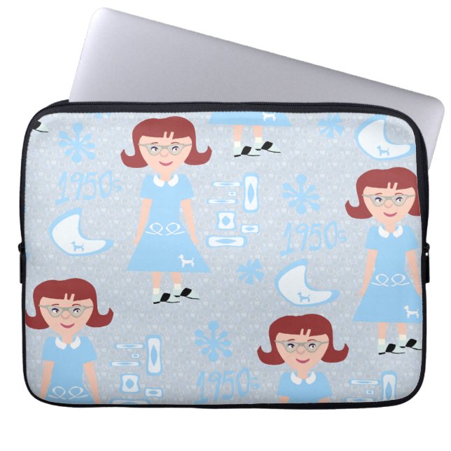 Sassy Fifties Girl Blue Classic Sweetheart Pattern Laptop Sleeve (Voorkant)