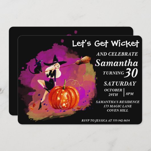 Sassy Halloween Witch met kat Birthday uitnodiging (Voorkant / Achterkant)