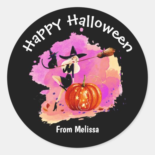 Sassy Halloween Witch met Kat Classic Round Stick Ronde Sticker (Voorkant)