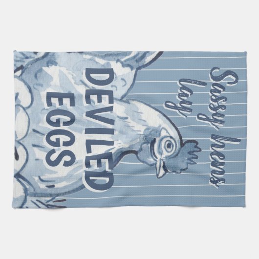 Sassy Hens Lay Deviled Eggs Funny Blue Chicken Art Theedoek (Horizontaal)