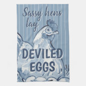 Sassy Hens Lay Deviled Eggs Funny Blue Chicken Art Theedoek (Verticaal)