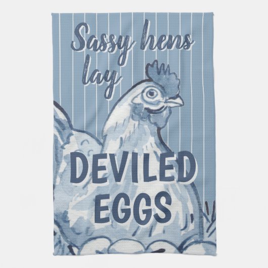 Sassy Hens Lay Deviled Eggs Funny Blue Chicken Art Theedoek (Verticaal)