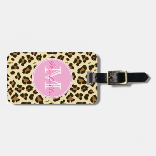 Sassy Leopard Print met roze Monogram Bagagelabel (Voorkant horizontaal)