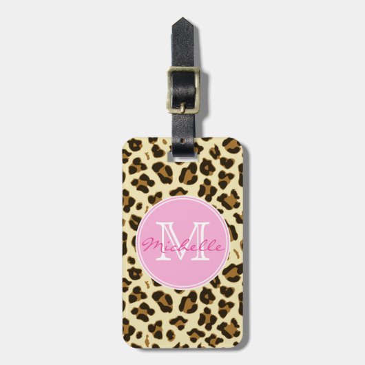 Sassy Leopard Print met roze Monogram Bagagelabel (Voorkant verticaal)