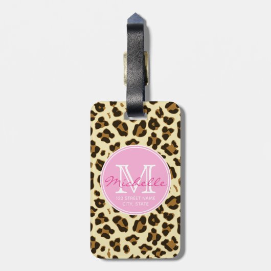 Sassy Leopard Print met roze Monogram Bagagelabel (Achterkant verticaal)