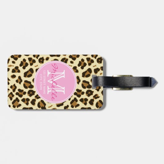 Sassy Leopard Print met roze Monogram Bagagelabel (Achterkant horizontaal)