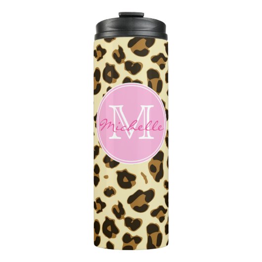Sassy Leopard Print met roze Monogram Thermosbeker (Voorkant)