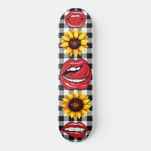 Sassy Lips Open Mouth Tongue Sunflower Checkered Persoonlijk Skateboard (Voorkant)