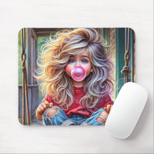 Sassy Meisje Blowing Roze Bubblegum Bubbels Muismat