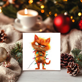Sassy Oranje Kat in Kerstverlichting Vakantiewensk Feestdagenkaart