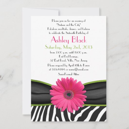 Sassy Pink Daisy Zebra Print Sweet 16 Uitnodiging (Voorkant)