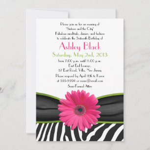 Sassy Pink Daisy Zebra Print Sweet 16 Uitnodiging