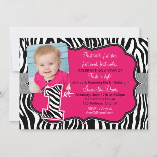 Sassy Pink Zebra Print First Birthday Uitnodiging (Voorkant)
