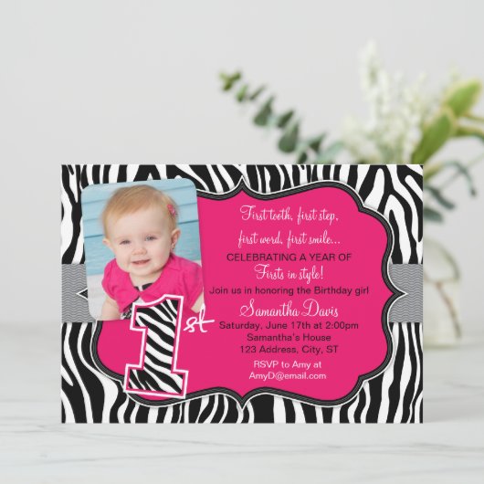 Sassy Pink Zebra Print First Birthday Uitnodiging (Staand voorkant)