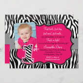 Sassy Pink Zebra Print First Birthday Uitnodiging (Voorkant / Achterkant)