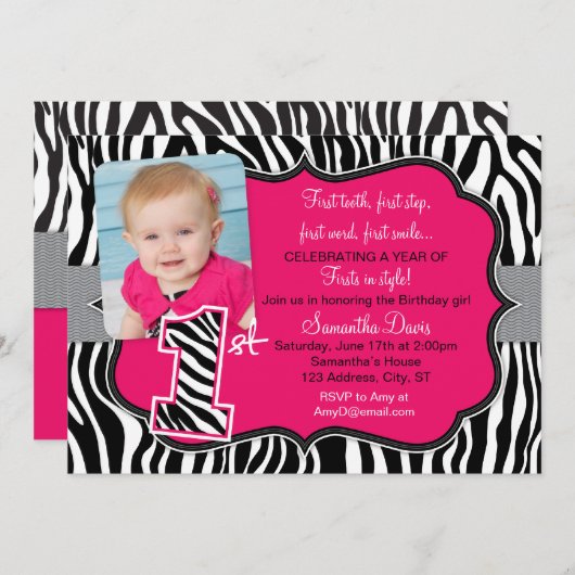 Sassy Pink Zebra Print First Birthday Uitnodiging (Voorkant / Achterkant)