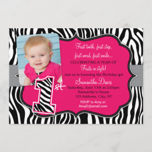 Sassy Pink Zebra Print First Birthday Uitnodiging