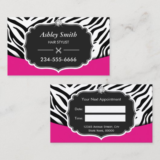 Sassy Pink Zebra Print Hair Stylist Afspraak Afsprakenkaartje (Voorkant / Achterkant)