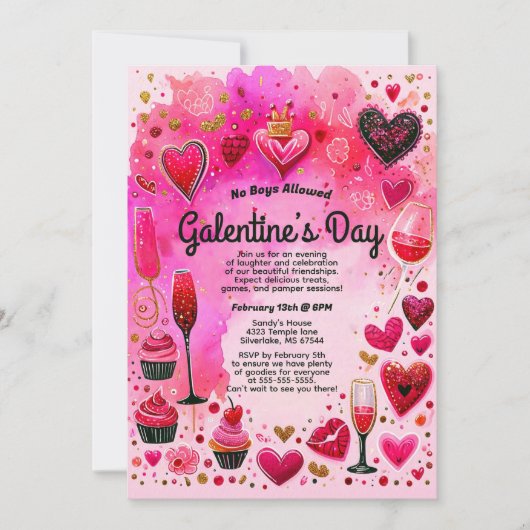 Sassy Roze Waterverf Girl's Galentine's Day Party Kaart (Voorkant)