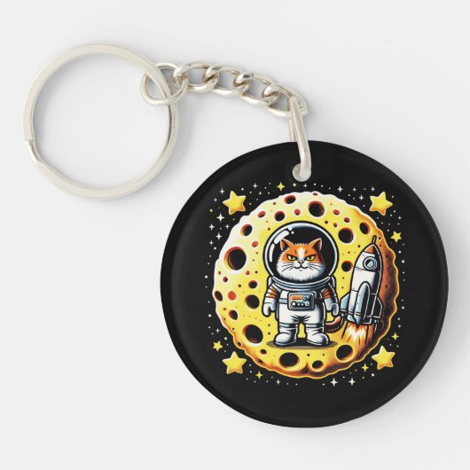 Sassy Space Cat - Astronaut op een Cheese Moon Que Sleutelhanger (Voorkant)