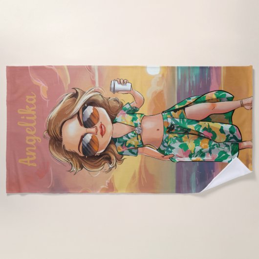 Sassy Summer Lady Gepersonaliseerde naam Strandlaken (Voorkant)
