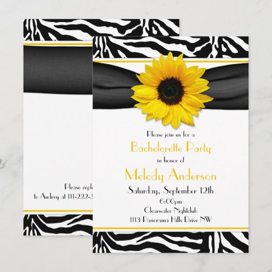 Sassy Sunflower Zebra Print Bachelorette Party Kaart (Voorkant / Achterkant)