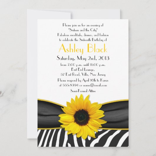 Sassy Sunflower Zebra Print Sweet 16 Uitnodiging (Voorkant)