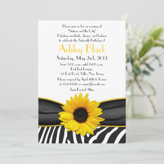 Sassy Sunflower Zebra Print Sweet 16 Uitnodiging (Staand voorkant)